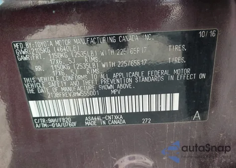 2017 Toyota Rav4 Le из США, поврежденный, VIN 2T3BFREV3HW555001